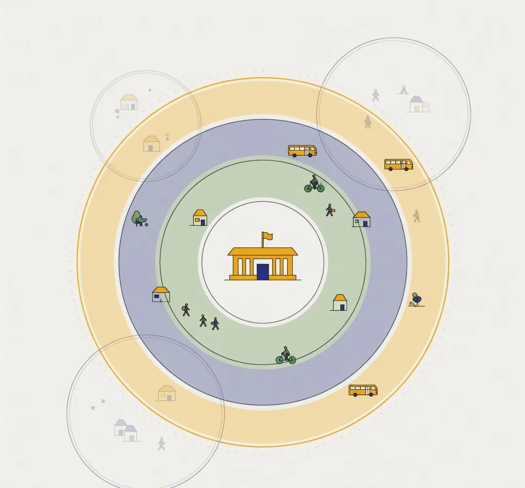 A circular diagram with a support centre at the centre and concentric soft rings radiating outward for walking, cycling and bus travel time, with small figures and houses scattered within and the outer ring drawn as the boundary.