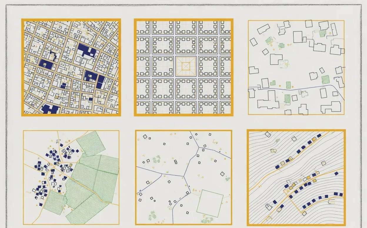 Six small square plan-view vignettes in the same flat line style showing a dense metro ward, a small-town grid, a peri-urban fringe of scattered plots, a dense rural cluster around fields, a sparse rural scatter and a hill settlement following contour lines, each enclosed in a boundary of visibly different size.
