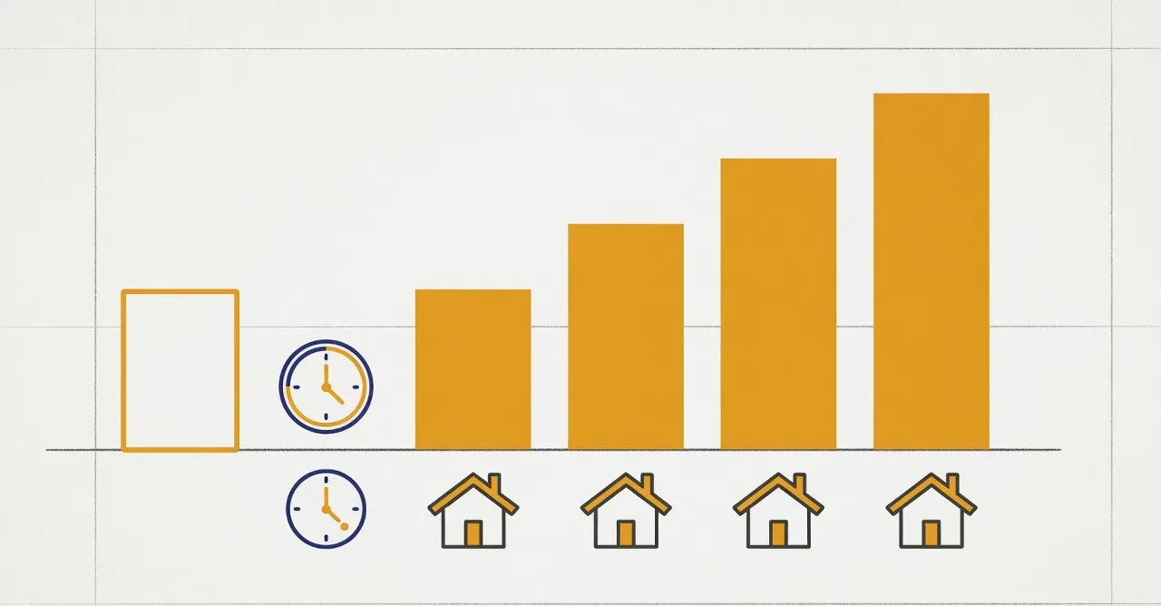 A stepped bar diagram of five ascending blocks, the first at zero height drawn as an outline only and the rest rising in saffron, with an identical house icon beneath each block and a clock-and-hands icon beside the zero block.