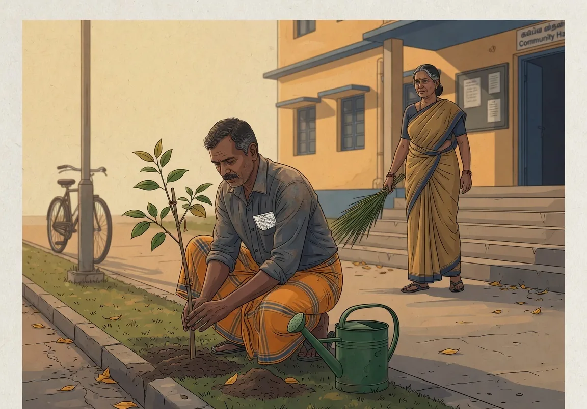 A man in his fifties in a worn shirt and lungi planting a sapling on a public verge in the early morning with a watering can beside him and a small ledger card in his shirt pocket, while a woman sweeps the steps of a community building behind him.