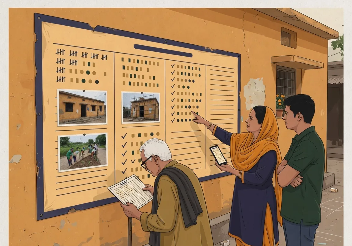 A large printed notice board on the outside wall of a small community building showing columns of figures and photographs of completed works, with three residents of different ages reading it, one pointing at a line and one comparing on a phone.