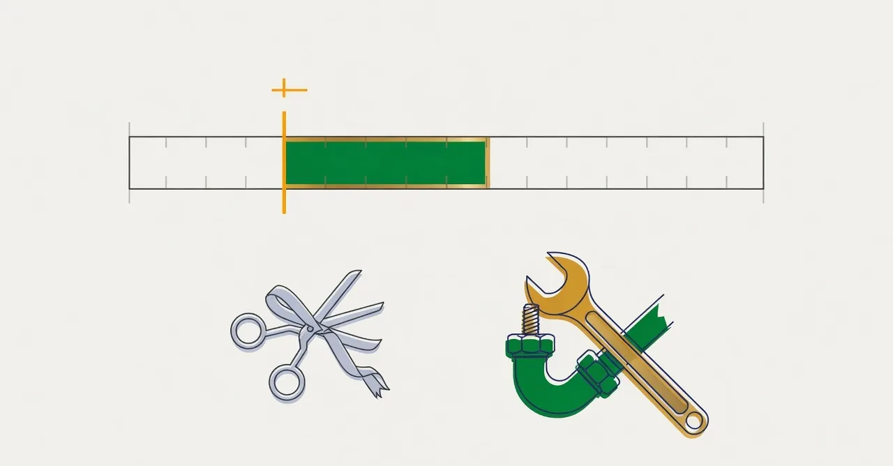 A horizontal gauge diagram with a fixed saffron line marking a minimum threshold near the left and the filled portion sitting just above it in green, with a small greyed ribbon-cutting icon and a larger coloured spanner icon beneath.
