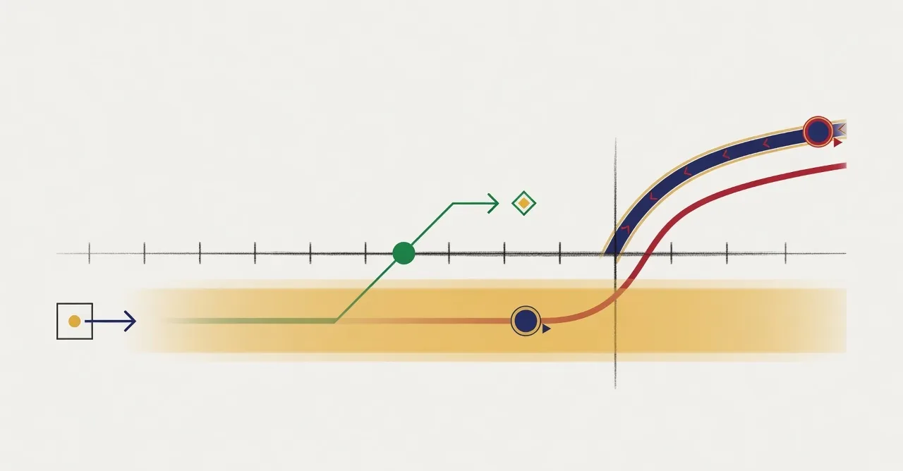 A timeline diagram showing a request raised, a service-standard window shaded in saffron, one branch resolving inside the window in green and a second branch crossing the edge and curving upward to a higher tier in red.