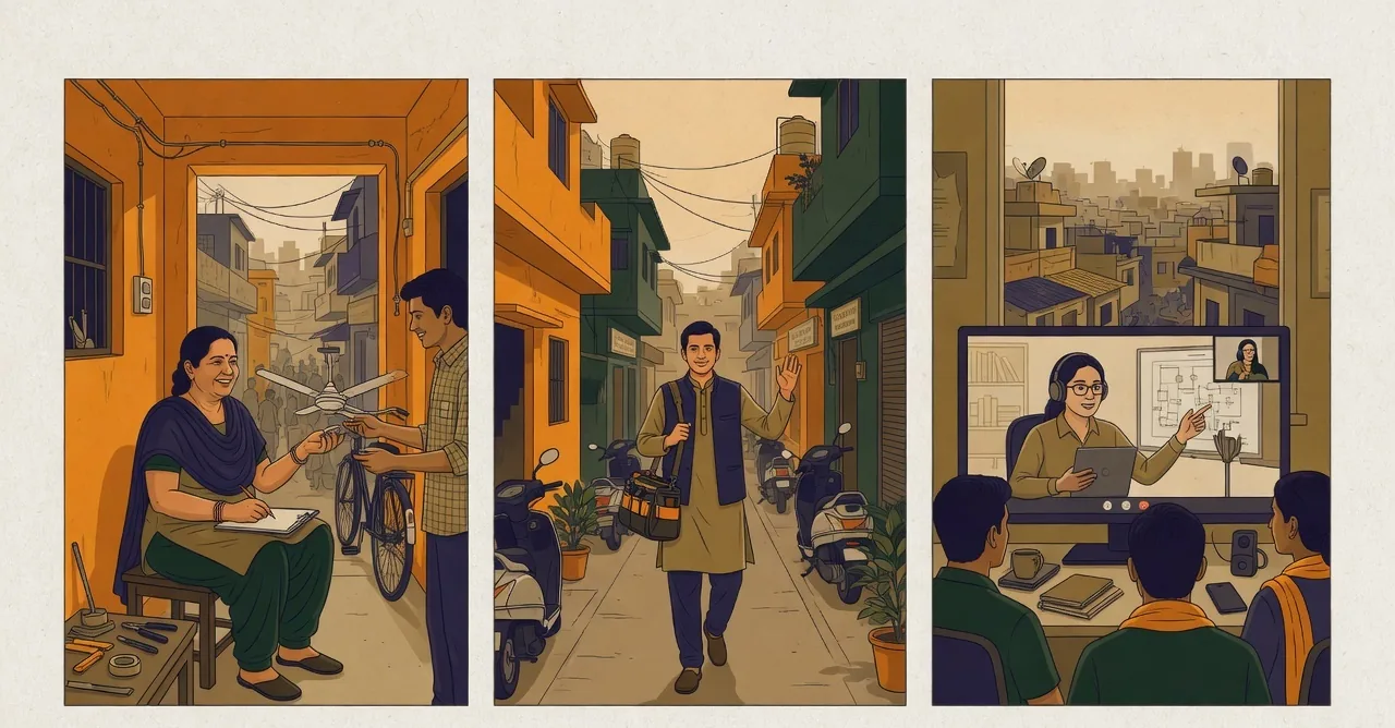 Three panels: a worker inside the neighbourhood accepting a small repair job, a specialist arriving from a neighbouring area with a tool bag, and a video call with a remote expert on a screen in the support centre.