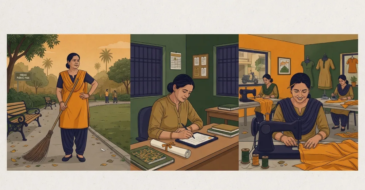 A woman shown three times across one continuous scene: sweeping a public park in a work tabard, then at a desk in a learning centre with a certificate, then operating a sewing machine in a small workshop with two other women.