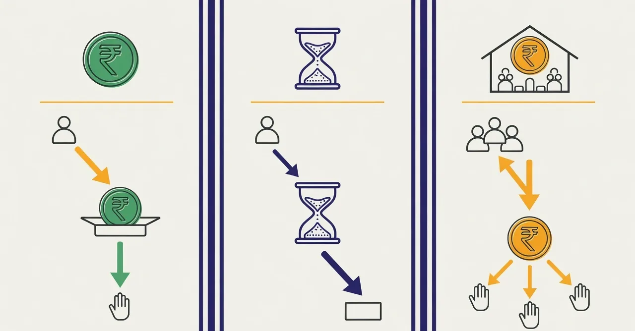Three vertical columns separated by strong rules, headed by a rupee coin, an hourglass, and a rupee coin inside a community building outline, each with flow arrows showing who pays whom.