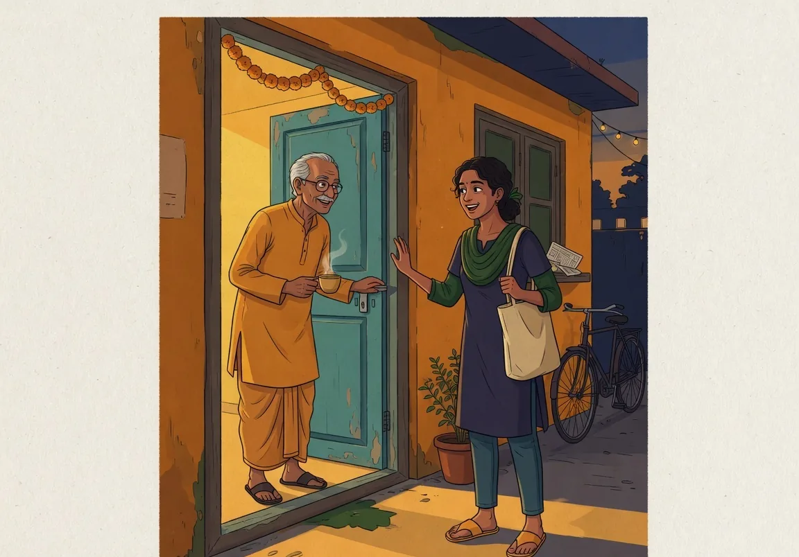 A young community volunteer standing at an open doorway in the early evening, having just knocked, smiling as an elderly man opens the door holding a cup of tea. No clipboard, no uniform, no badge.