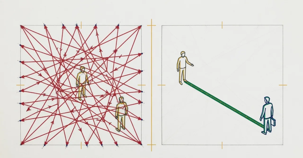 A diagram contrasting two shapes: on the left a dense web of watching lines converging on a single figure in red; on the right the same figure with one open path leading outward to a professional in green, with nothing else touching them.