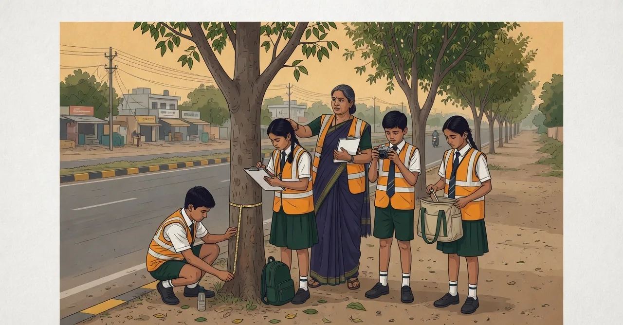 Four school students in uniform and high-visibility vests with an adult supervisor conducting a tree survey along a road: one measuring a trunk with a tape, one recording on a clipboard, one photographing, one holding the bag.