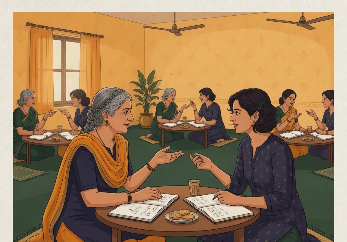 Two women of different ages sitting across a small table in a bright room, each with a notebook, each visibly teaching the other, with more pairs doing the same at other tables.