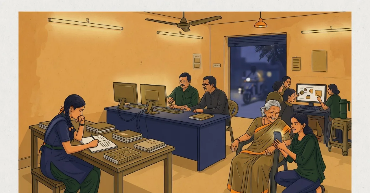 Interior of a simple well-lit community learning centre in the evening: a schoolgirl at a table with books, two men at computers, an elderly woman being shown a smartphone by a volunteer, and a small group around a screen at the back.
