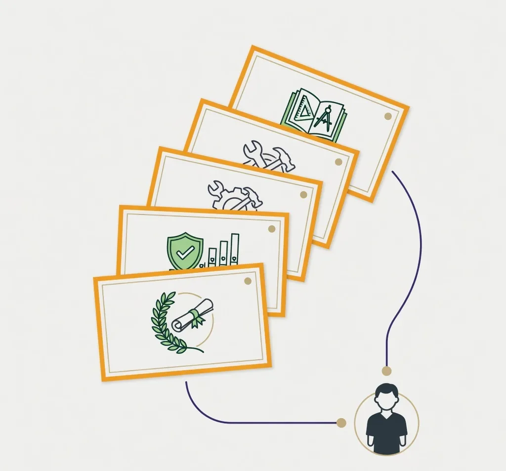 A clean card-stack diagram of several fanned cards representing a school subject, a trade certificate, verified civic service hours and a short course, connected by a thin line to a single person icon.