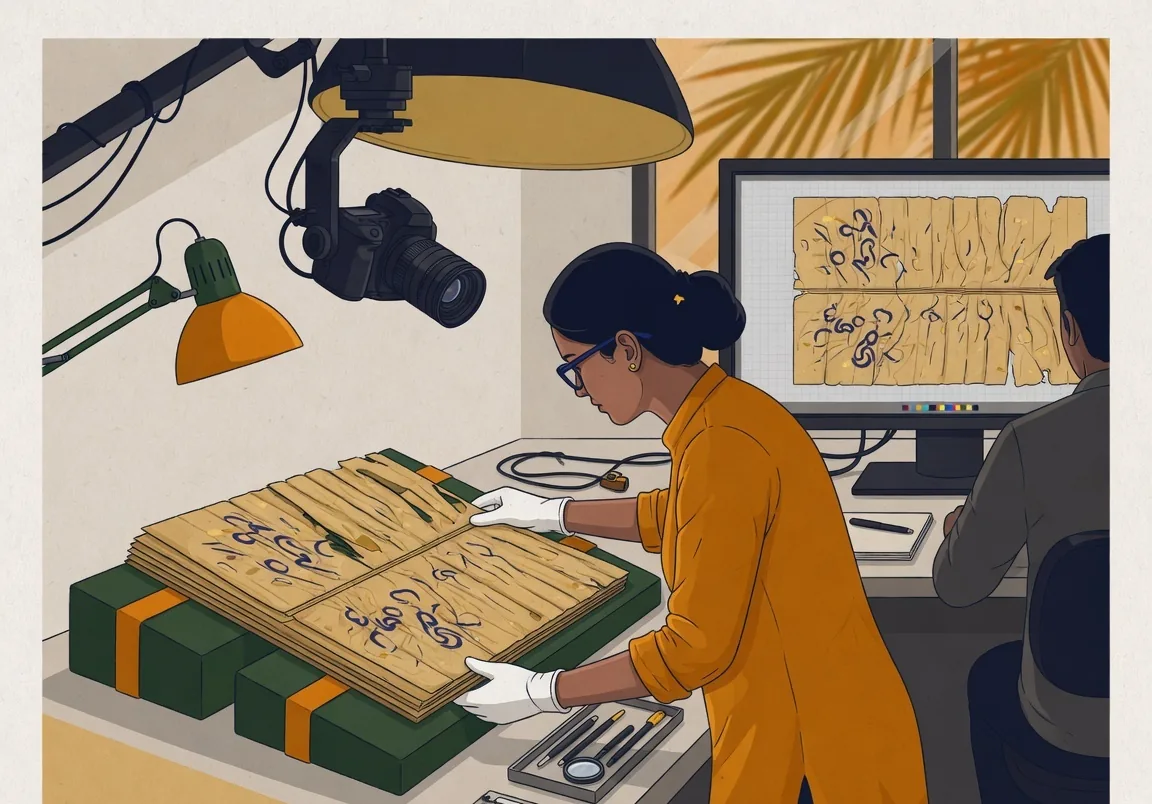 A conservation studio: a palm-leaf manuscript on a padded support under even light, a technician in cotton gloves positioning it beneath an overhead camera rig, and a second person at a screen showing the captured image.