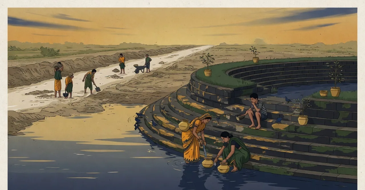 A restored village tank at dawn with clear water, stone steps, a repaired bund and birds, two women filling vessels and a boy watching, with a dry silted channel being cleared by workers in the far background.