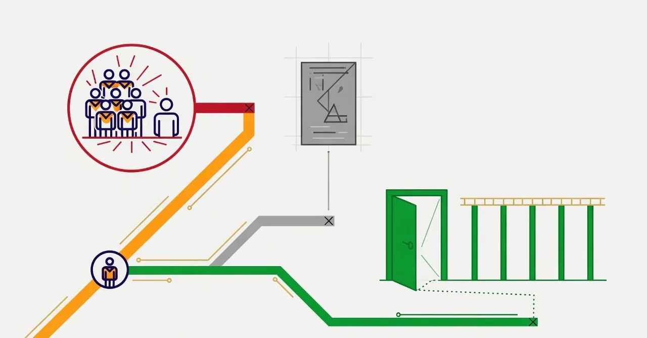A diagram of two dead-end paths and one working one: a cluster of figures pointing at a single figure who turns away, drawn in red; a poster on a wall with nobody looking at it, in grey; and a single open door with a clear route leading to a set of supports, in green.