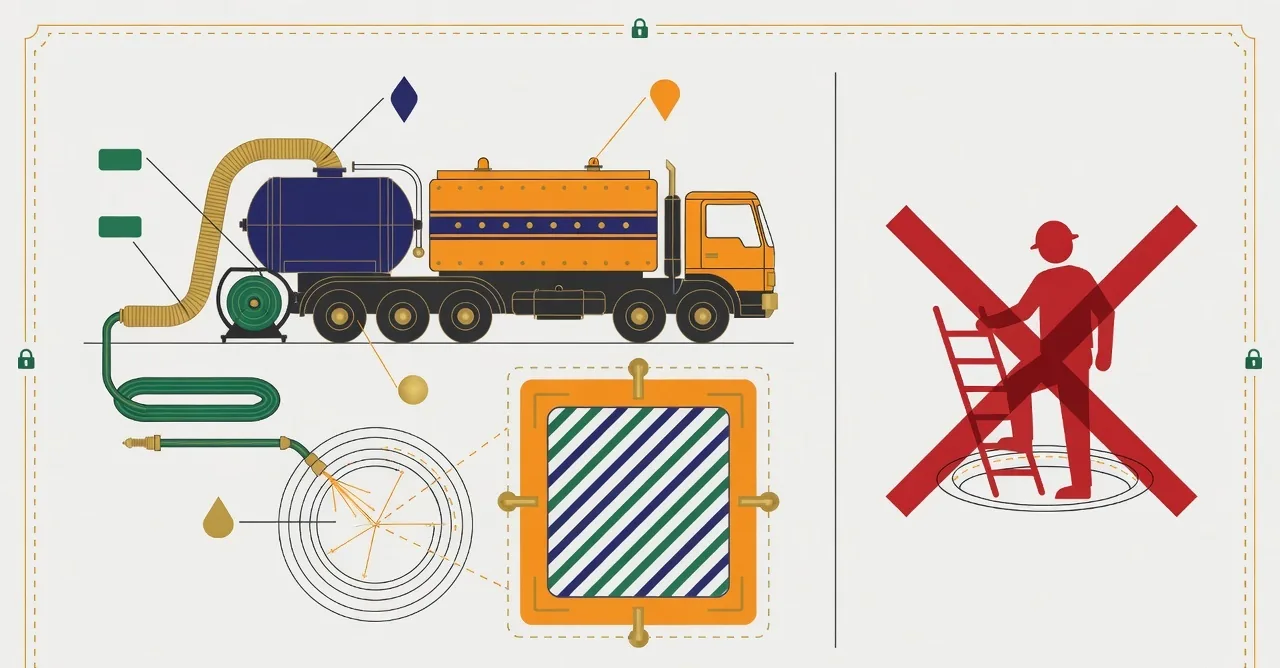 A technical illustration of a mechanised sewer-cleaning unit with its jetting and suction components and a protective boundary around the access point, beside a crossed-out silhouette of a person entering a manhole in red.