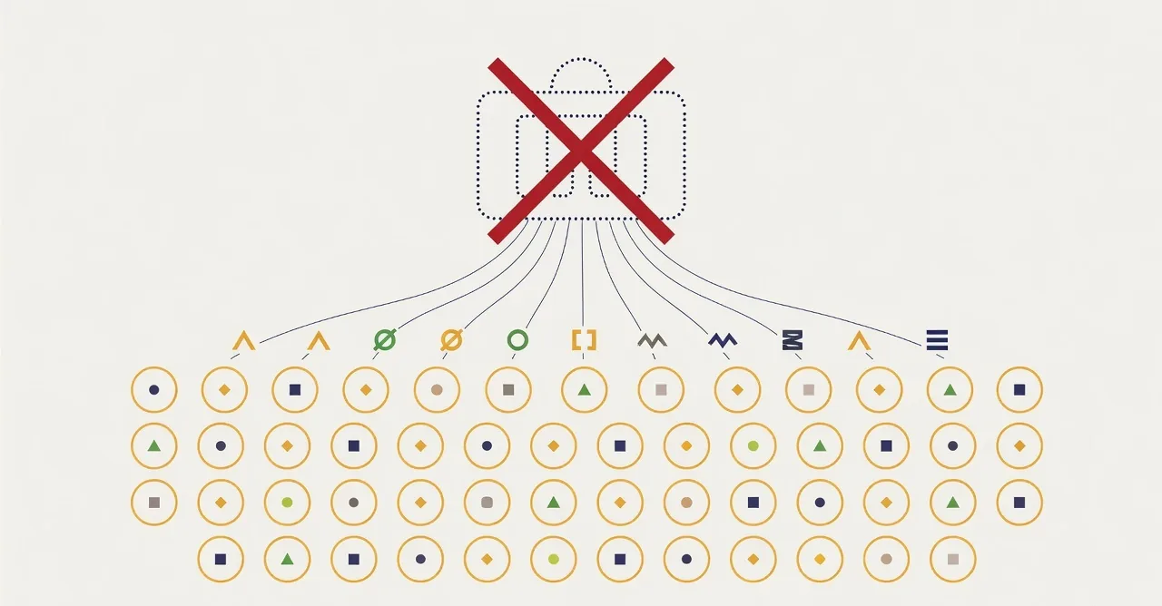 A field of many small unit circles each containing its own data mark, with a large dotted outline of a central repository above them crossed out in red, and thin lines rising from the units carrying only simplified summary shapes.