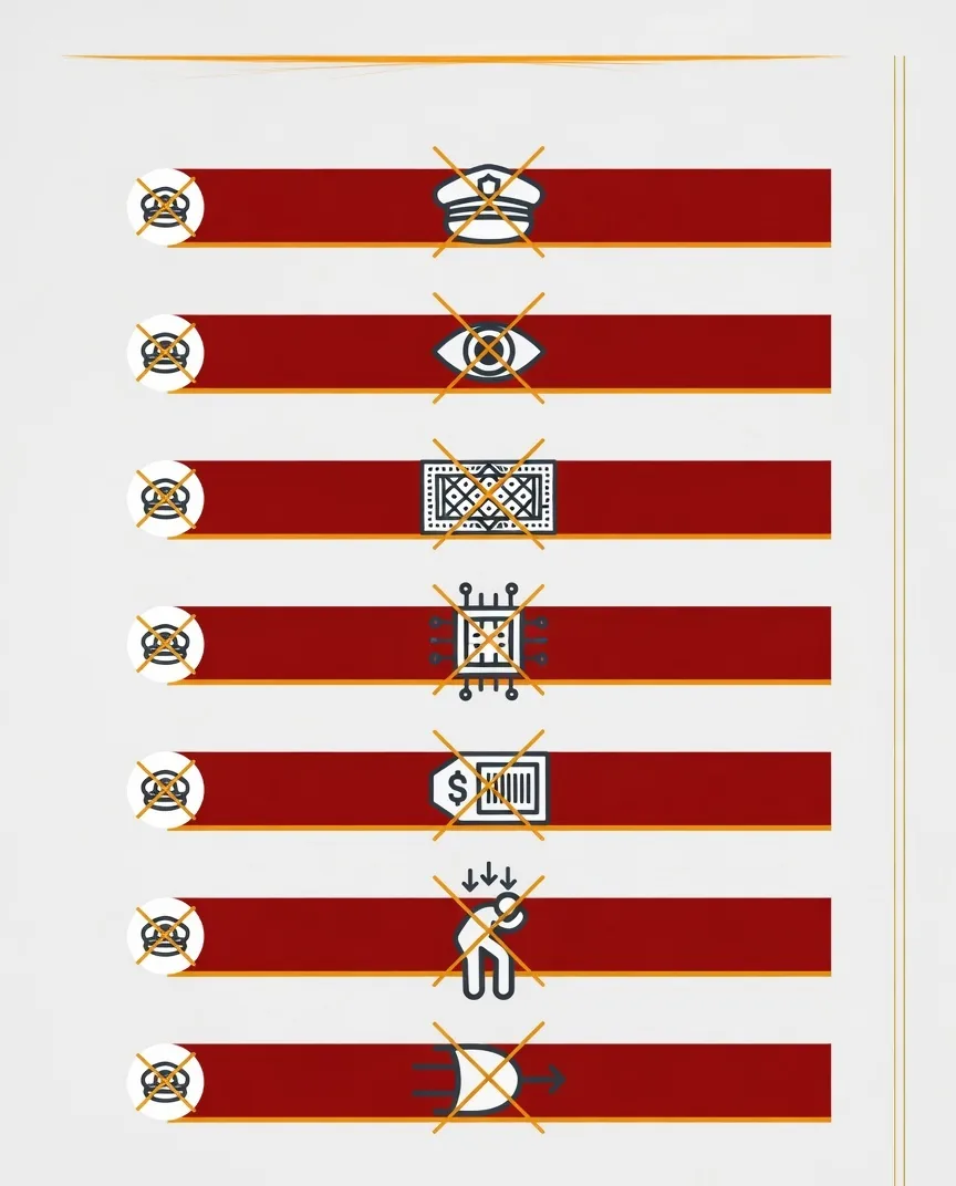 Seven horizontal red bars of equal weight on warm off-white, each with a crossed-out pictogram at its left end: a police cap, an eye, a caste or religion tag, an algorithm chip, a data-sale price tag, a pressured figure, and a conditional gate.