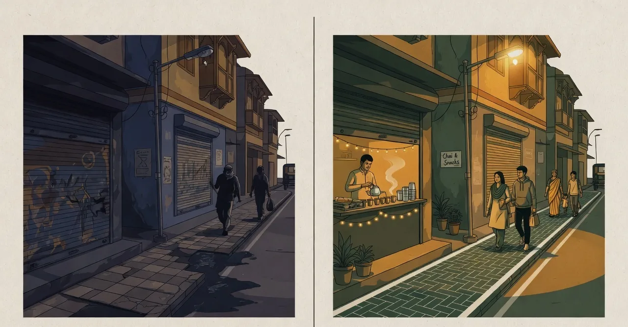 The same street corner shown twice in identical framing: first unlit with a broken footpath, blank shuttered walls and heavy shadow; then with working light, a repaired footpath, an open tea stall and people walking.
