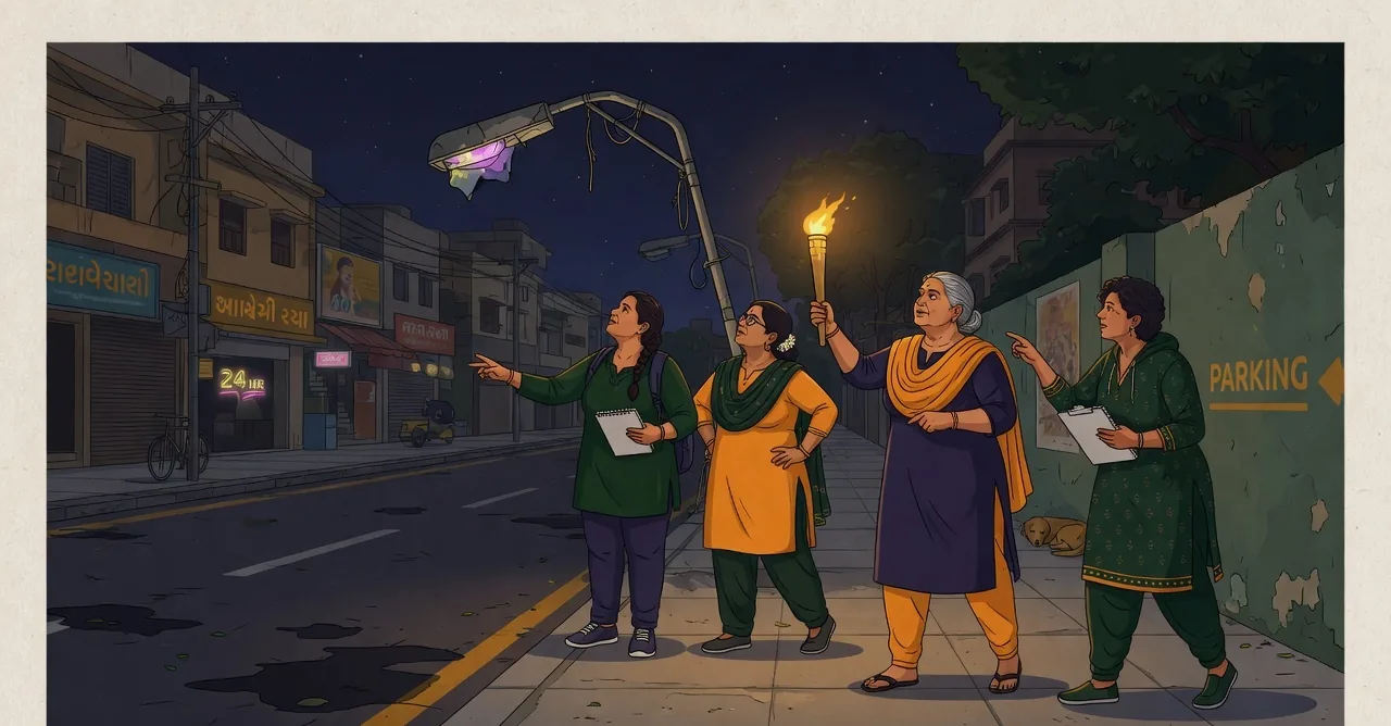 Four women of different ages walking a route after dark with a torch and a notebook, stopping to look at a dark stretch and a broken light. Purposeful rather than fearful.
