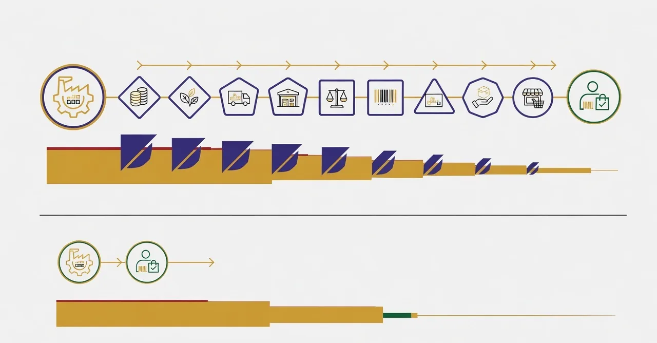 A long horizontal chain from a producer icon to a buyer icon with many intermediate nodes each taking a slice from a value bar that shrinks along the chain, above a second short chain with two nodes whose value bar stays nearly intact.