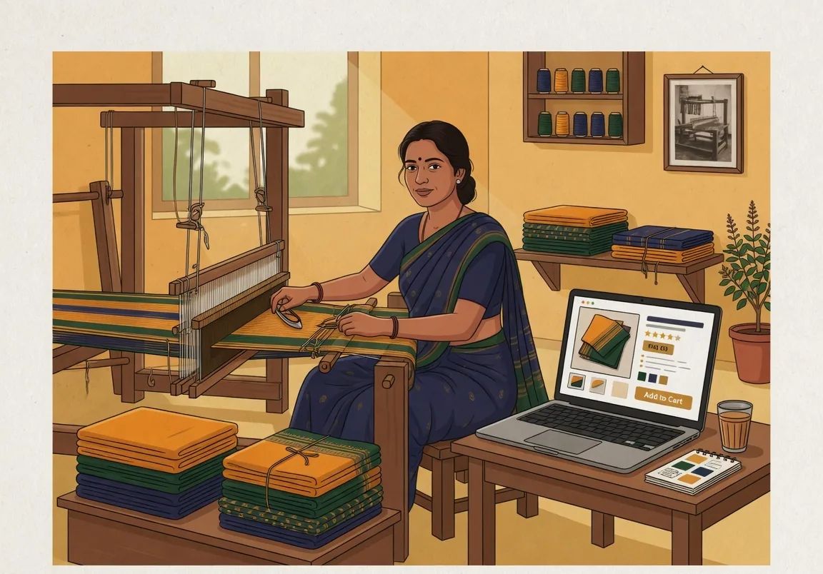 A handloom weaver at work in a well-lit room with finished cloth stacked neatly and a laptop open on a side table showing a listing page.