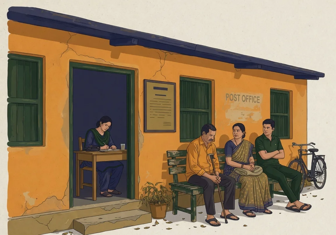 A single modest building with a new board outside it, a telephone visible on a desk through the open door, one member of staff and three residents waiting on a bench.
